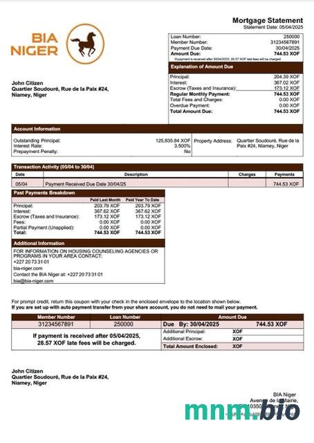 Niger Banque Internationale pour l'Afrique au Niger (BIA Niger) wyciąg z kredytu hipotecznego szablon Word i PDF